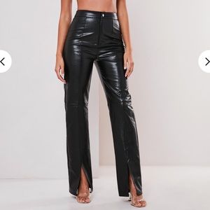 Black Faux Leather Split Pants